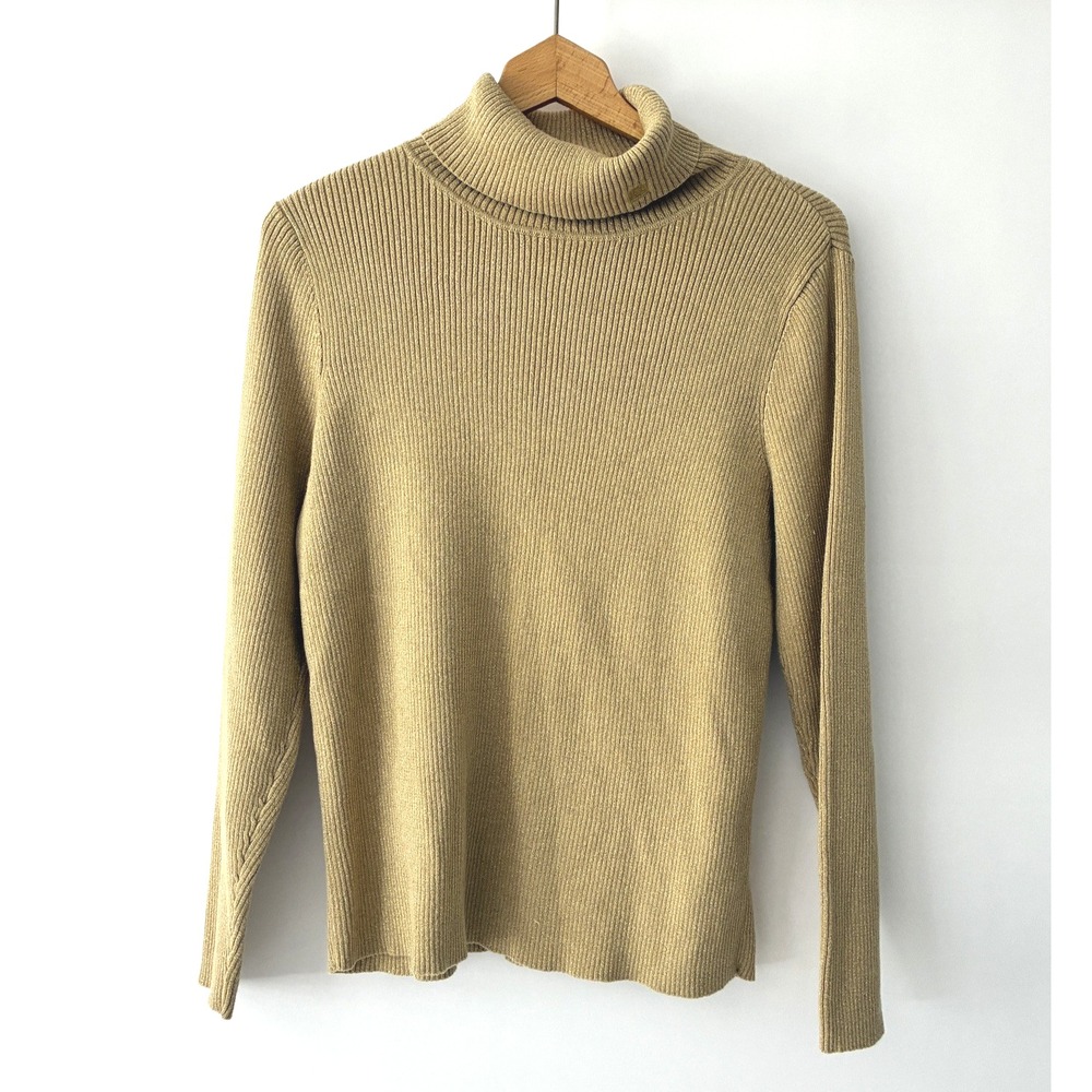 Lauren Ralph Lauren Gold Metallic Ribbed Turtleneck Sweater Size XL Holiday Chic